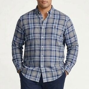 POLO RALPH LAUREN 2XB Plaid Button Down Shirt Grey Blue Big Tall Business Casual